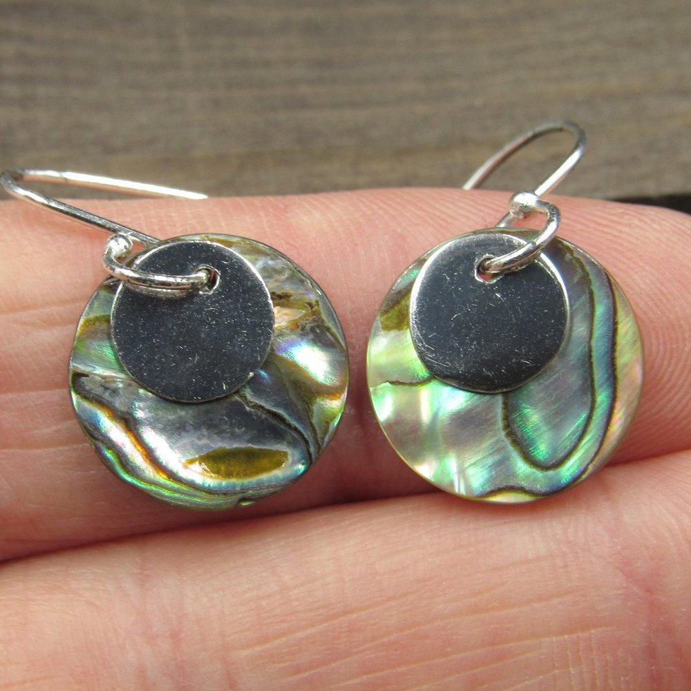 Sterling Silver Thin Circle Abalone Shell Earrings - image 1